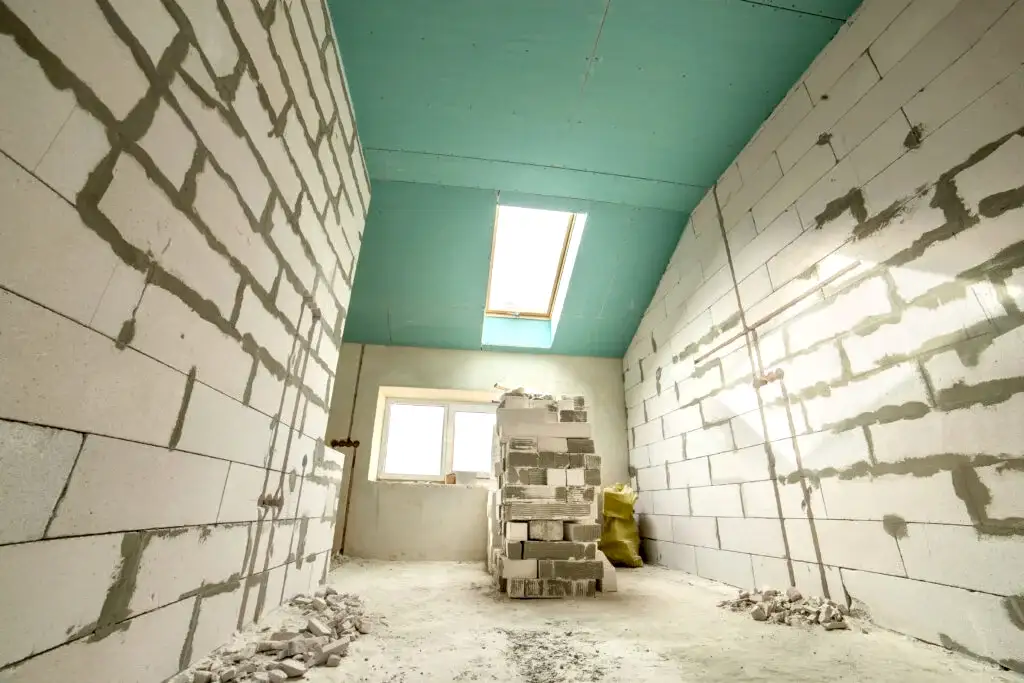 Interior of an apartment room with bare walls and ceiling under construction.